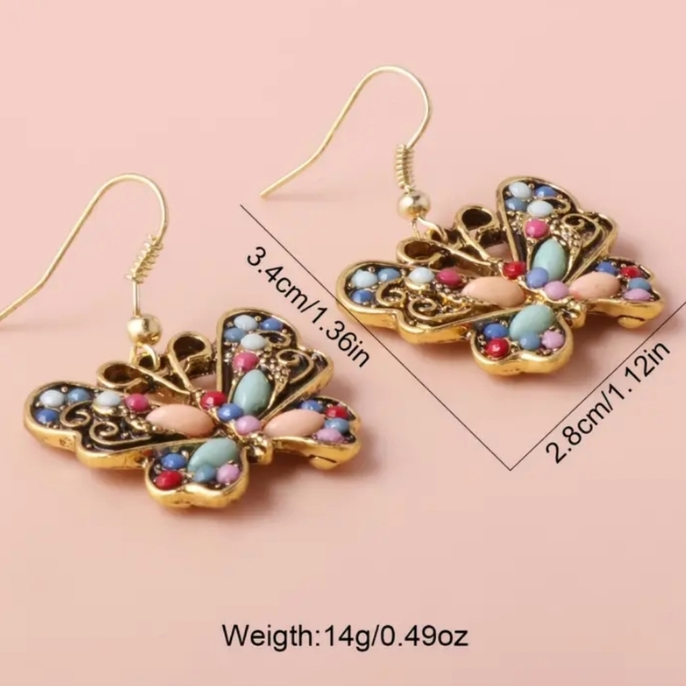 NWT Vintage Gemstone Butterfly Dangle Earrings Handmade - Picture 4 of 4